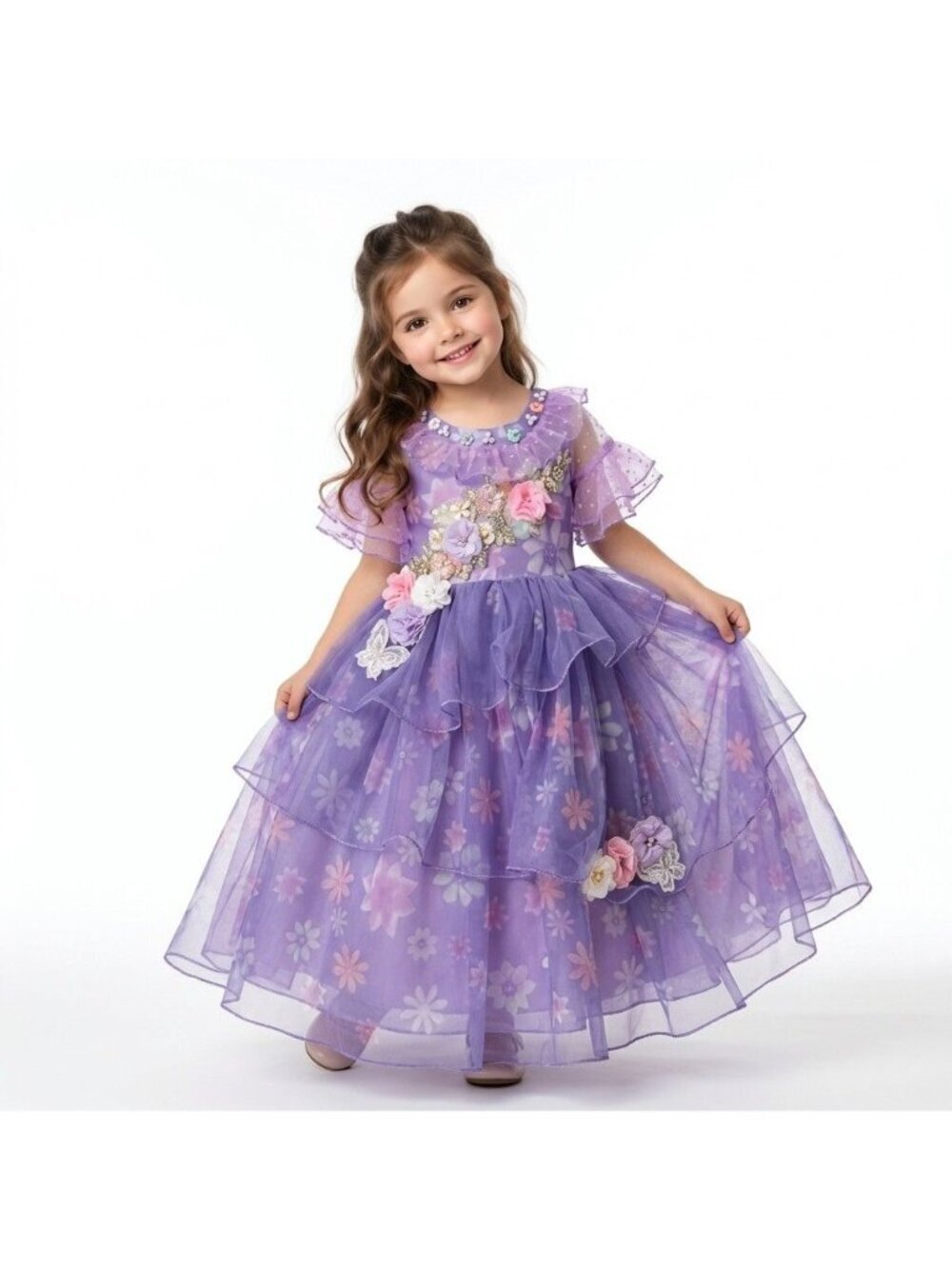 Girls Fairy Tale Princess Dress Lavender Purple Floral Organza Birthday Party